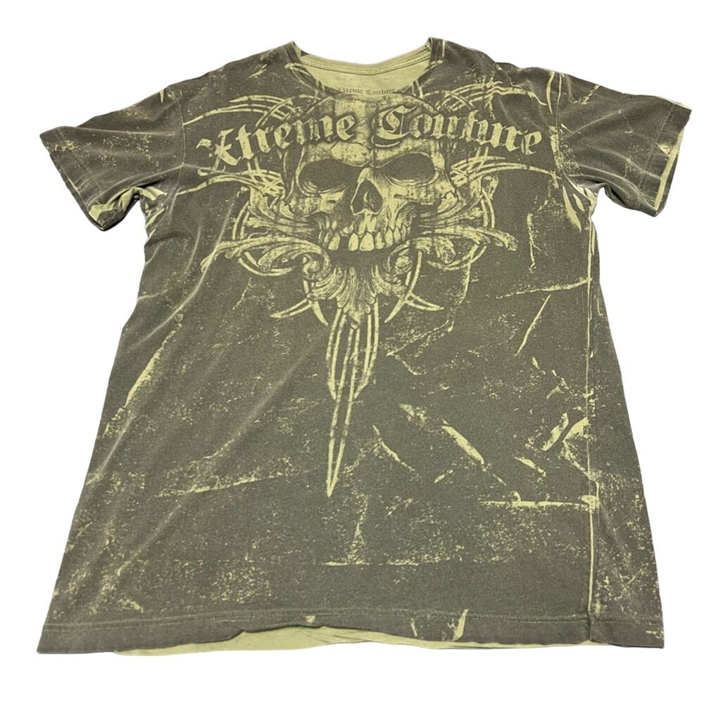 Xtreme Couture Affliction Y2K Tribal Skull Grunge T-Shirt Sz XL Green CLEAN